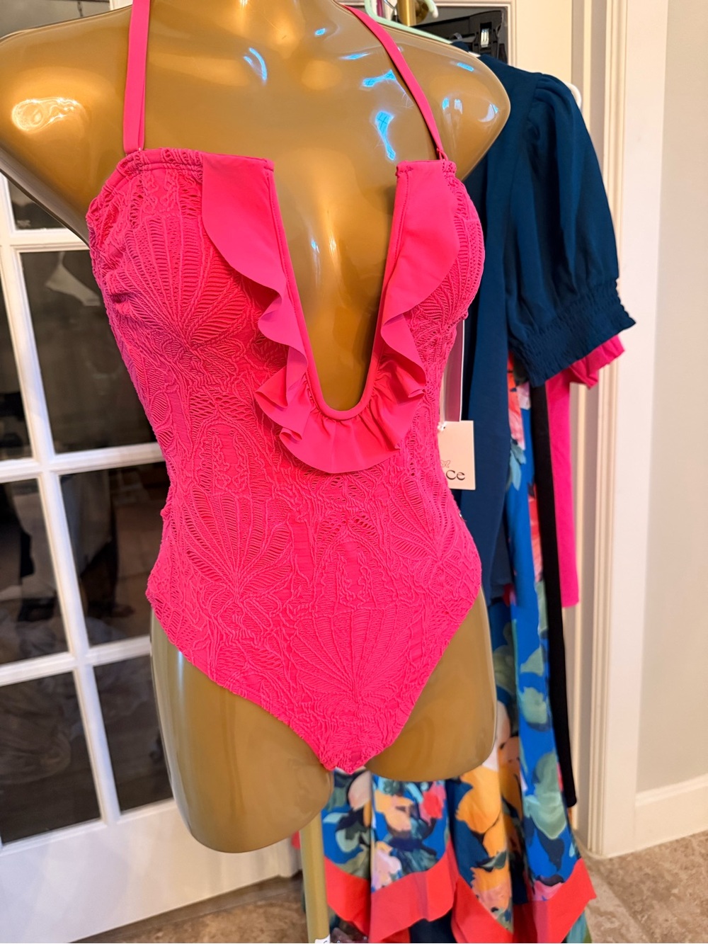 CeCe Bright Pink Textured Ruffle One-Piece Size 4